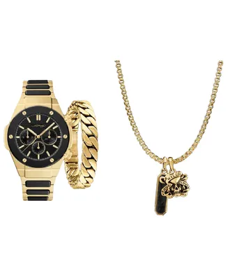Ed Hardy Men's Brushed Gold-Tone Metal Bracelet Watch 52mm Gift Set - Matte Black, Brushed Gold