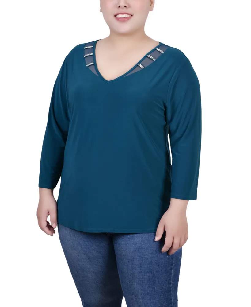 Ny Collection Plus Size Tunic Top with Illusion Neckline and Stones