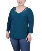 Ny Collection Plus Size Tunic Top with Illusion Neckline and Stones