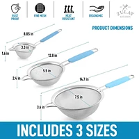 Premium Stainless Steel Fine Mesh Strainer Set - Strainers for Kitchen (Set of 3) with Non-slip Handles