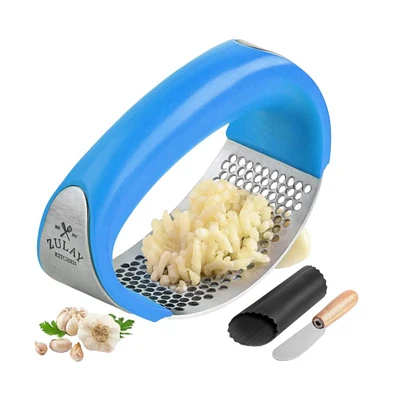 Stainless Steel Garlic Press Rocker Set - Premium Garlic Mincer Garlic Crusher with Peeler and Scraper