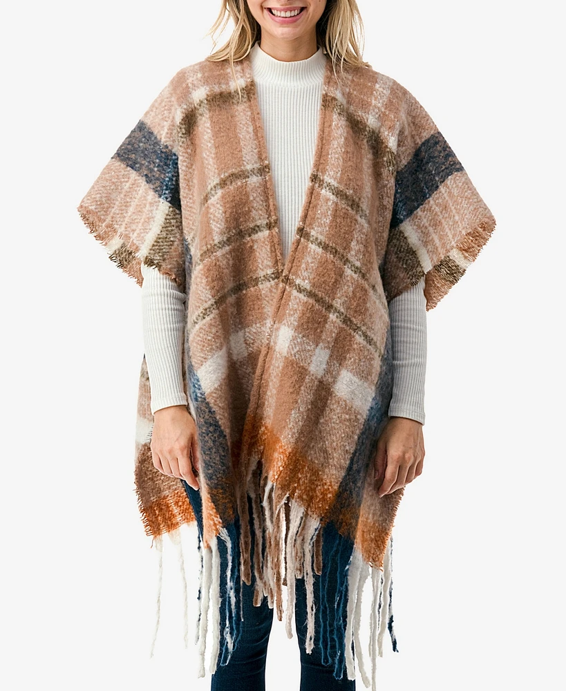 Marcus Adler Women's Plaid Poncho with Fringe Detail