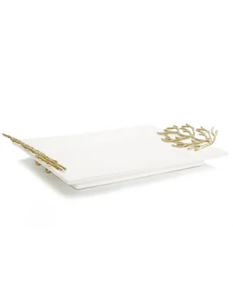 Classic Touch Ceramic Tray with Coral Design Handles, 17.5" x 10.5" - White and Gold