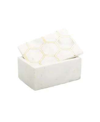 Classic Touch Marble Decorative Box with Hexagon Design on Cover Set, 2 Piece - White and Gold