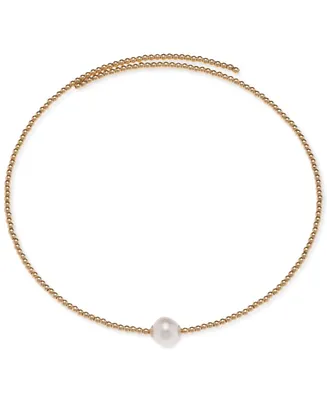 Cultured Freshwater Pearl (6-1/2 - 7mm) Solitaire Polished Bead Coil 14-1/2" Choker Necklace in 18k Gold-Plated Sterling Silver