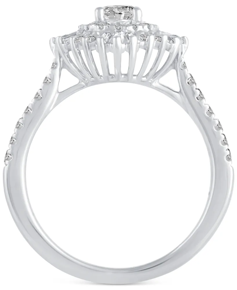 Diamond Baguette & Round Halo Engagement Ring (7/8 ct. t.w.) in 14k White Gold