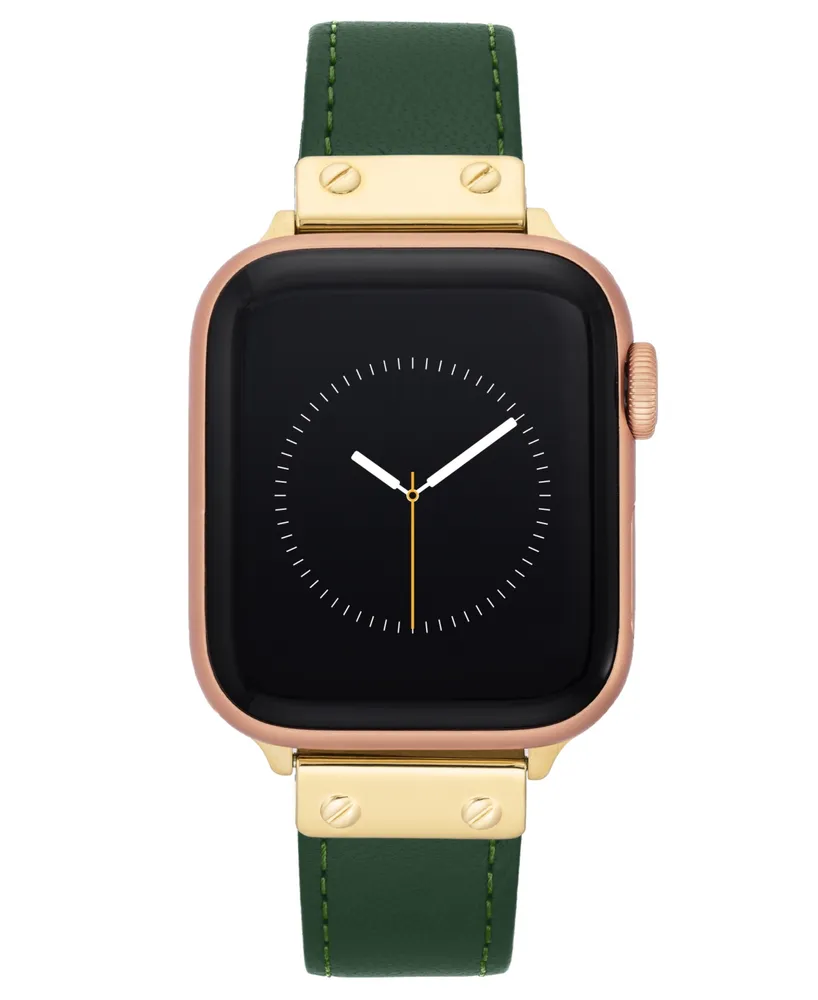 Anne Klein Women's Green Genuine Leather Band Compatible with 42/44/45/Ultra/Ultra 2 Apple Watch - Green, Gold