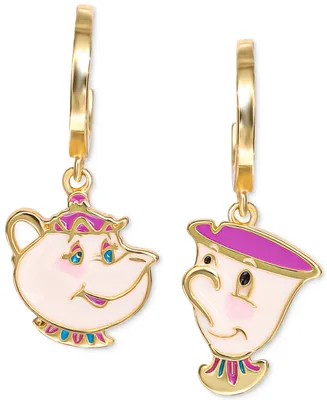 Disney Enamel Beauty and the Beast Mrs. Potts & Chip Mismatch Dangle Hoop Earrings in 18k Gold-Plated Sterling Silver