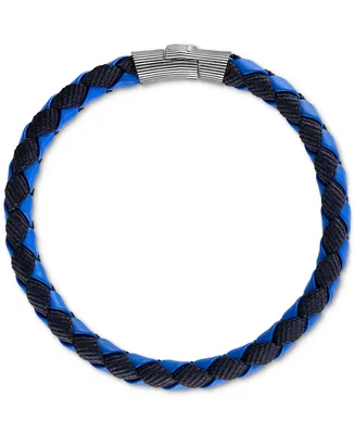 Esquire Men's Jewelry Blue Leather Woven Bracelet in Sterling Silver, Created for Macy's