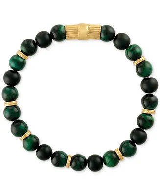 Esquire Men's Jewelry Multicolor Tiger Eye Beaded Stretch Bracelet in 14k Gold-Plated Sterling Silver (Also in Green Tiger Eye), Created for Macy's