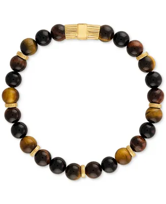 Esquire Men's Jewelry Multicolor Tiger Eye Beaded Stretch Bracelet 14k Gold-Plated Sterling Silver (Also Green Eye), Created for Macy's