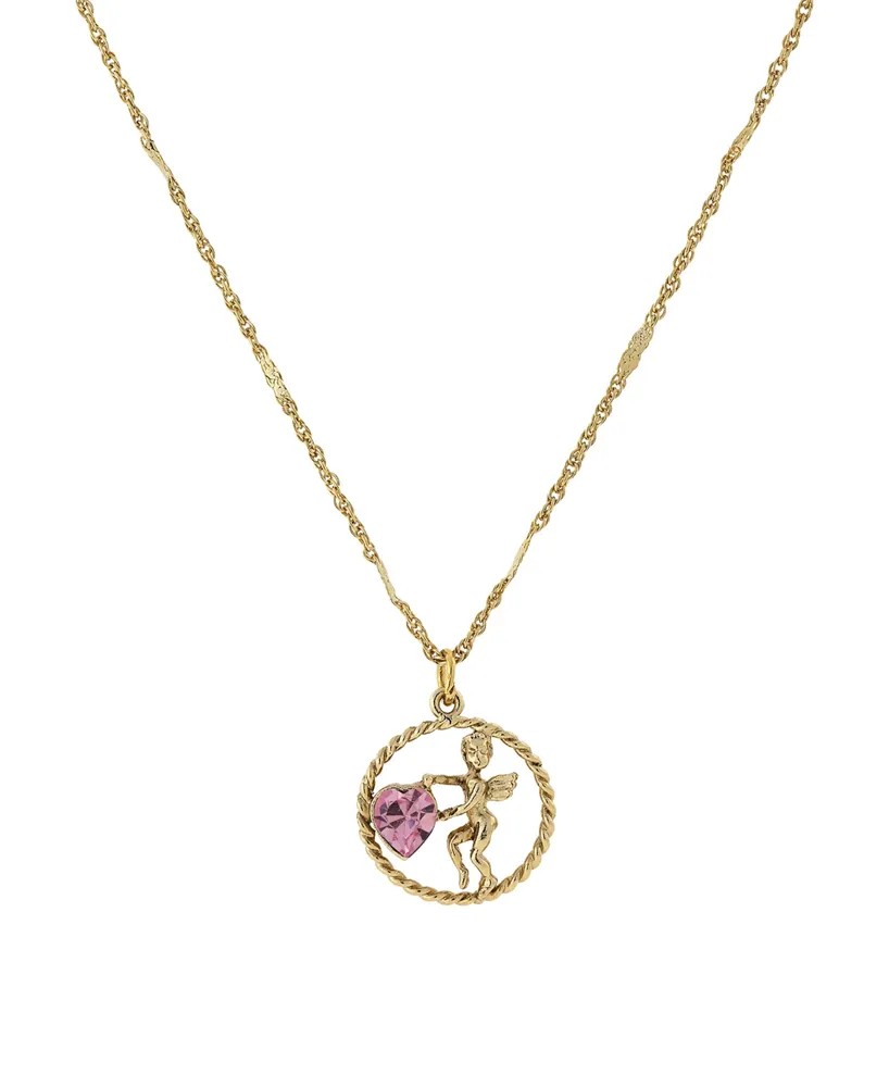 2028 Gold-Tone Suspended Cherub Angel and Light Rose Pink Heart Necklace