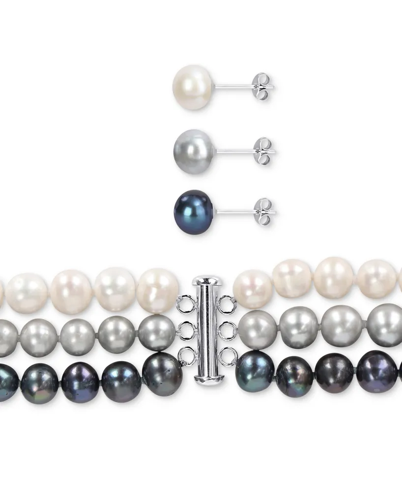 7-Pc. Set White, Black, & Gray Cultured Freshwater Pearl (7-1/2 - 8mm) Necklace, Bracelets, Stud Earrings