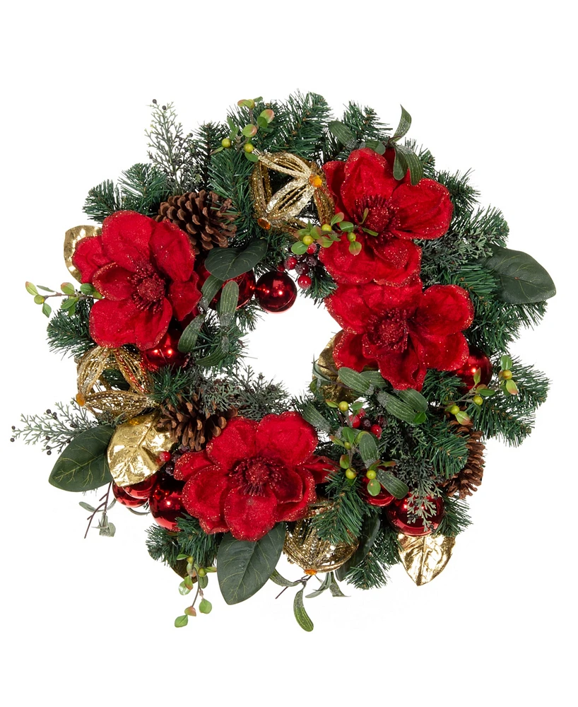 Village Lighting 24" Lighted Christmas Wreath, Red Magnolia