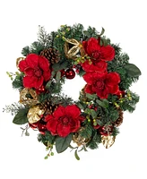 Village Lighting 24" Lighted Christmas Wreath, Red Magnolia