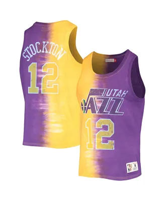 Men's Mitchell & Ness John Stockton Gold and Purple Utah Jazz Hardwood Classics Tie-Dye Name Number Tank Top