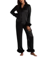 Linea Donatella Women's Marabou Feather Satin Pajama Set