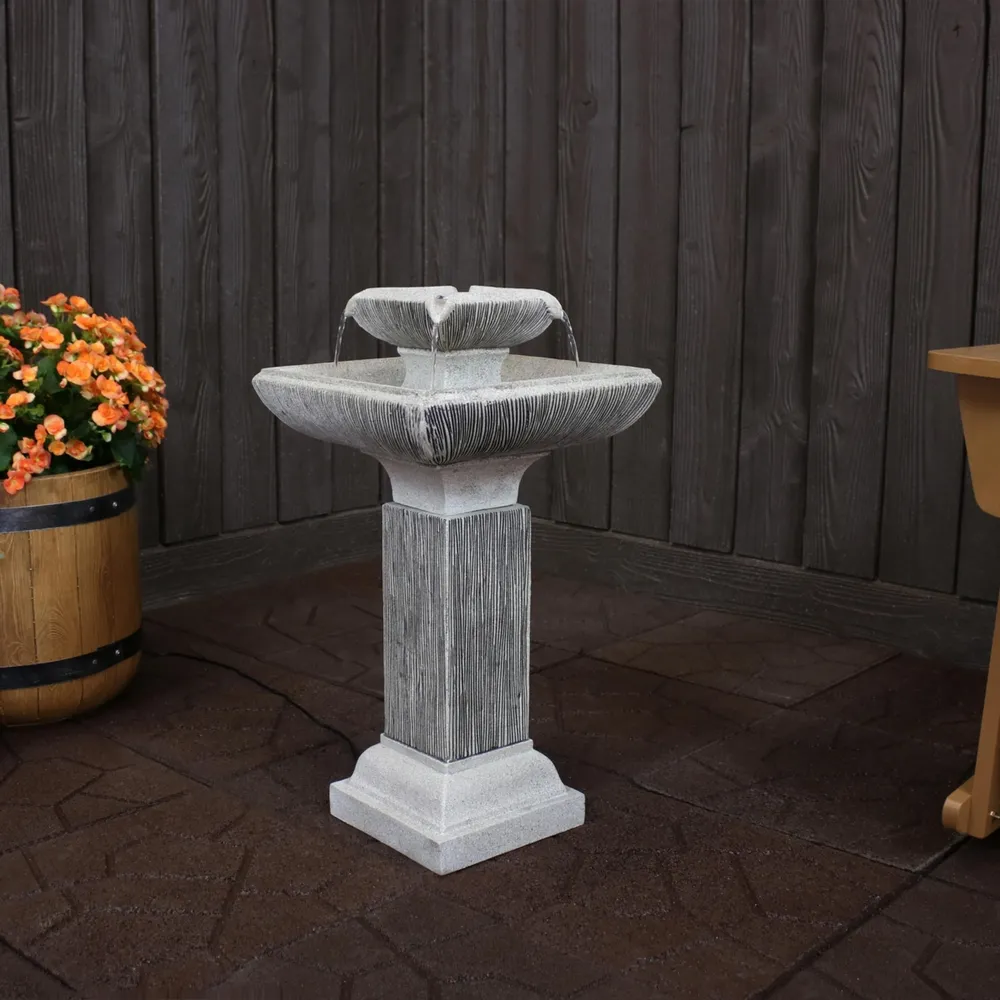 Sunnydaze Decor Square Resin Outdoor 2-Tier Bird Bath Water Fountain with Lights
