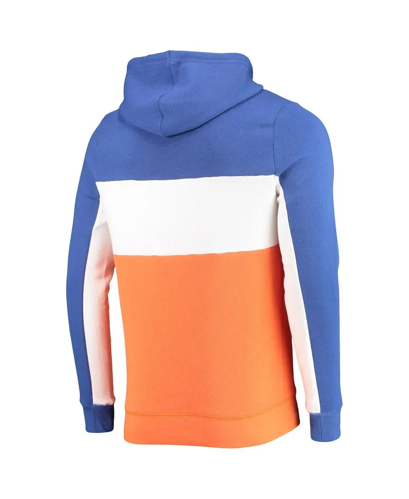 Men's Junk Food Blue, White New York Knicks Wordmark Colorblock Fleece Pullover Hoodie