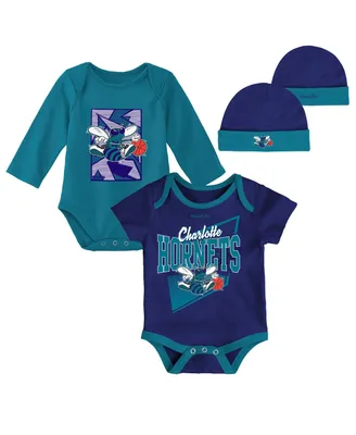 Newborn and Infant Boys Girls Mitchell & Ness Purple, Teal Charlotte Hornets 3-Piece Hardwood Classics Bodysuits Cuffed Knit Hat Set
