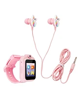 Playzoom Kid's Pink Unicorn Silicone Strap Touchscreen Smart Watch 42mm with Earbuds Gift Set