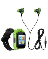 Playzoom Kid's Black Green Ailen Silicone Strap Touchscreen Smart Watch 42mm with Earbuds Gift Set