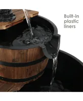 Sunnydaze Decor Wooden Bowl/Barrel Water Fountain with Hand Pump/Liner - 23 in