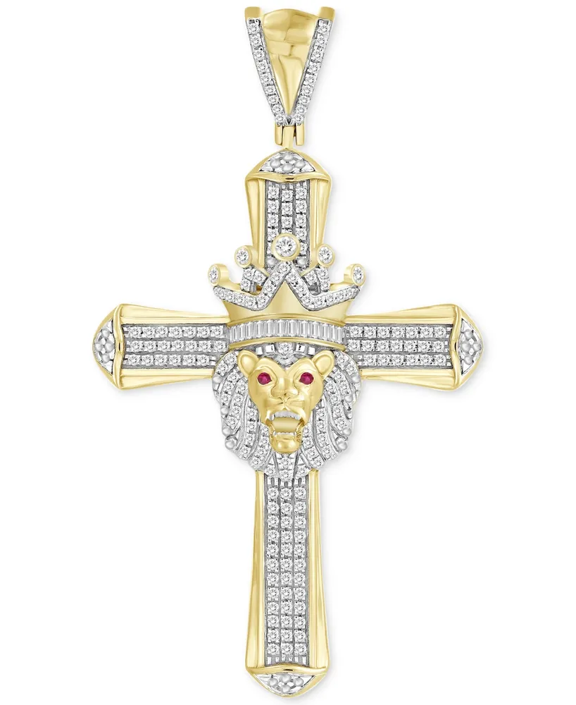 Men's Diamond (3/8 ct. t.w.) & Ruby (1/10 ct. t.w.) Lion Cross Pendant in 10k Gold