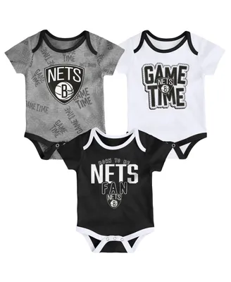 Infant Boys and Girls Black, White, Heathered Gray Brooklyn Nets Game Time Three-Piece Bodysuit Set