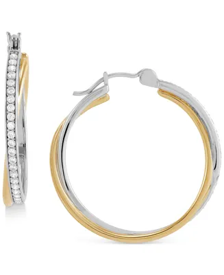 Cubic Zirconia Twist Medium Hoop Earrings in Sterling Silver & 14k Gold-Plate, 1.25"