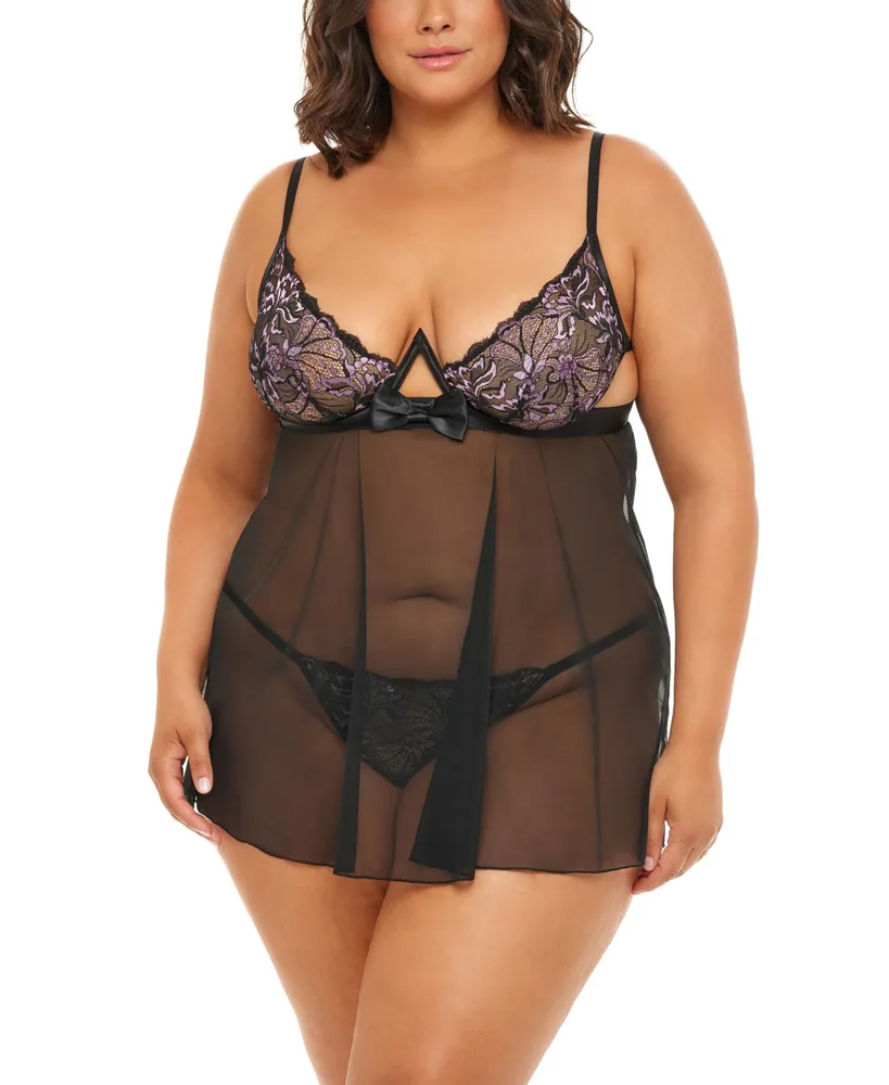 Oh La La Cheri Plus Size Lace Babydoll with Bows & Thong 2pc