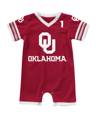 Newborn and Infant Boys Girls Colosseum Crimson Oklahoma Sooners Bumpo Football Logo Romper