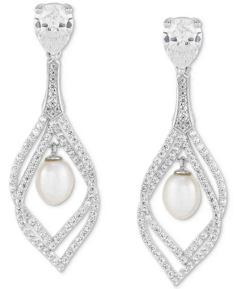 Arabella Cultured Freshwater Pearl (9 x 7mm) & Cubic Zirconia Orbital Drop Earrings in Sterling Silver