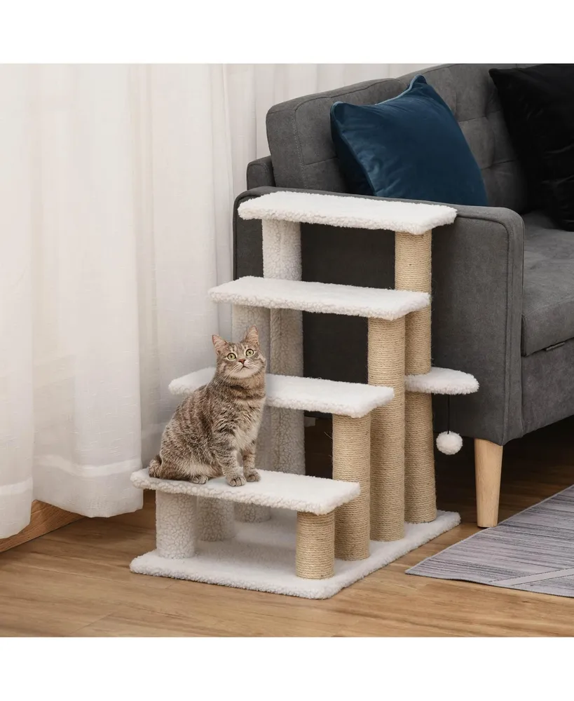 PawHut 4-Level Cat Stairs Carpeted for Sofa, w/ Scratching Posts & Ball Toy