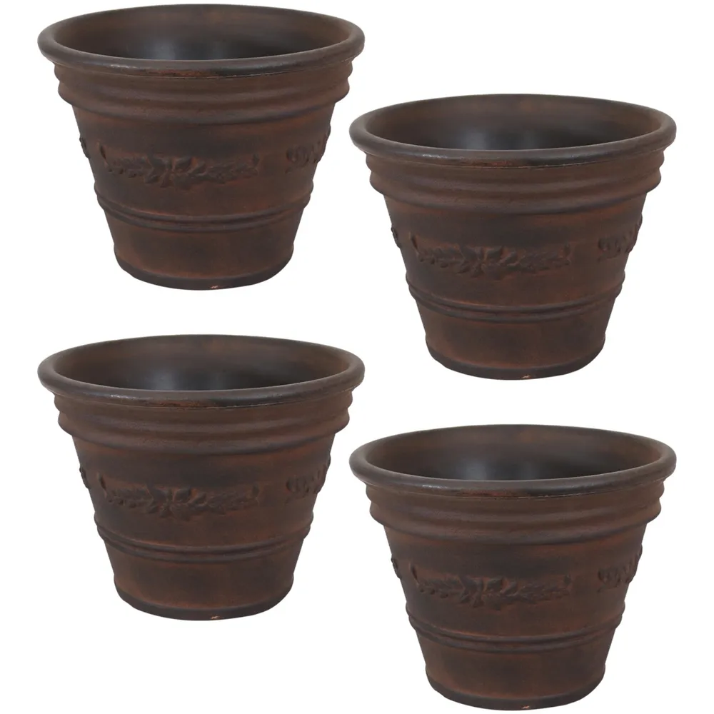 Sunnydaze Decor Laurel 13" Outdoor Double-Walled Polyresin Planter with Uv-Resistant Rust Finish - Set of 4