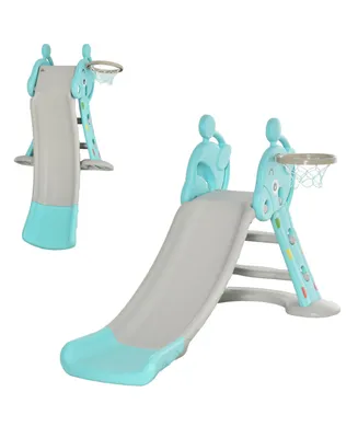 Qaba 2 in 1 Kids Wide Slide with Rails and Basketball Hoop, Blue