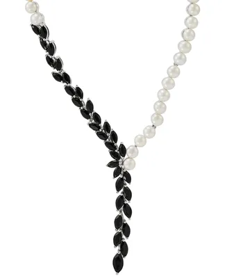 Cultured Freshwater Button Pearl (5-6mm) & Onyx Marquise 18" Lariat Necklace in Sterling Silver