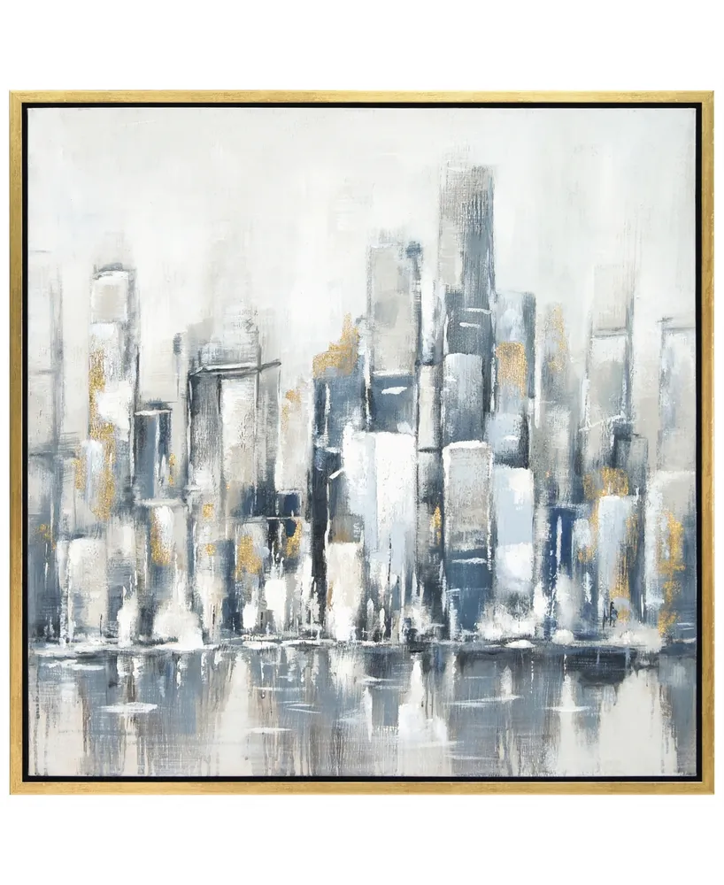 Empire Art Direct Winter Cityscape Textured Glitter Hand Painted Canvas Wall Art, 36" x 36" - Sapphire, Gray, Gold