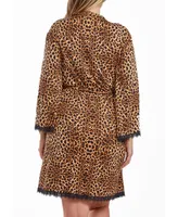 iCollection Chiya Plus Leopard Robe with Self Tie Sash and Lace Trimed Hemlines