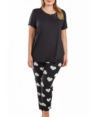 iCollection Kind Heart Plus Size Modal Tee and Jogging Pant Pajama Set in Comfy Cozy Style, 2 Piece - Cream