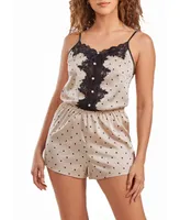 iCollection Women's Kaieen Dotted Satin Romper with Button Down Lace Overlay