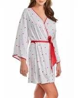 iCollection Women's Kyley Heart Print Robe with Contrast Self Tie Sash and Red Trim - White