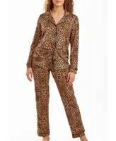 iCollection Women's Chiya Modal Leopard Pajama Pant Set with Button Down Collar, 2 Piece