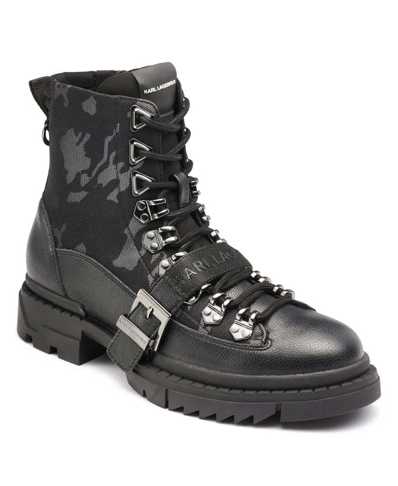 Karl Lagerfeld Men's Camo Front Logo Strap Buckle Lug Sole Boot