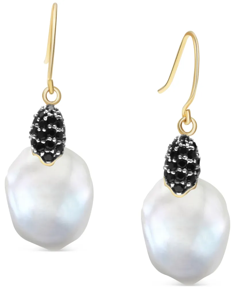 Cultured Freshwater Pearl (13mm) & Black Spinel (7/8 ct. t.w.) Drop Earrings in 14k Gold-Plated Sterling Silver