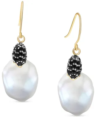 Cultured Freshwater Pearl (13mm) & Black Spinel (7/8 ct. t.w.) Drop Earrings in 14k Gold-Plated Sterling Silver