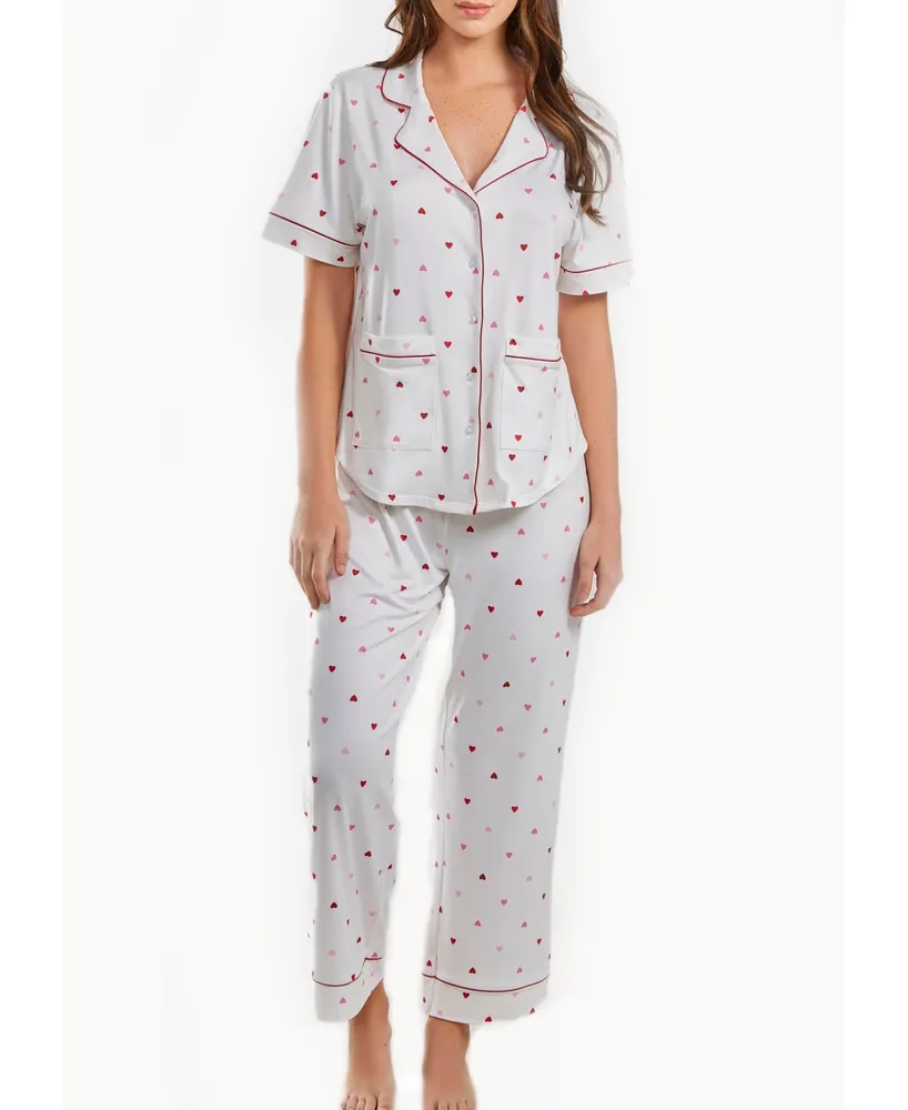iCollection Women's Kyley Heart Print Button Down Sleep Shirt with Contrast  Red Trim - Macy's