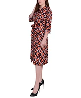 Ny Collection Petite Geometric Printed Long Sleeve Roll Tab Shirtdress