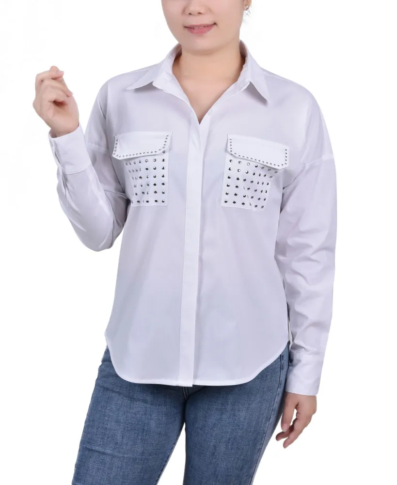 Ny Collection Petite Long Sleeve Hidden Placket Blouse with Studs