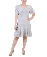 Ny Collection Petite Short Sleeve Ruffle Neck Dress